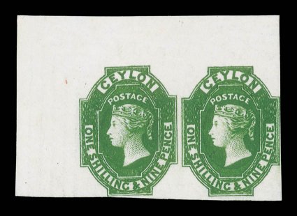 19d. green, a superb upper left corner pair of fresh and vibrant color, unused with virtually full original gum (light hinge mark at top of selvedge). A magnificent multiple of
the highest calibre. A. Diena Certificate (1966). Sc. 12, S.G. 11.