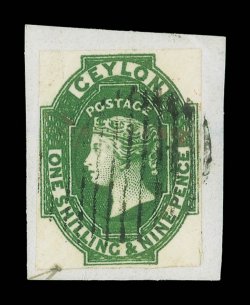 19d. green used on small piece, good margins on three sides, the outer frameline shaved at left, fine color and lightly cancelled. R.P.S. Certificate (1994). Sc. 12, S.G. 11,
£800. provenance: Sothebys auction, July 1995