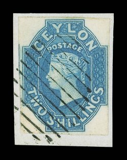 2- dull blue on small piece, small to large margins showing portion of adjoining stamps at left, neatly cancelled, very fine. R.P.S. Certificate (1971). Sc. 13, S.G. 12,
£1200.