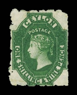 19d. green, unused with part original gum, fine. The only recorded example. R.P.S. and B.P.A. Certificates (1990). Sc. see footnote after 13 S.G. 15, £8500. Note: This stamp is
illustrated on page 99 in Vol. III of the Robson Lowe Encyclopae