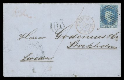 1859 (1 July) entire from Galle to Stockholm, Sweden, bearing 1d. blue with mainly good to large margins (touched at lower right) paying the inland rate to ship, neatly tied by
oval of bars, showing australiev. suez amb. c.d.s. in red, 10