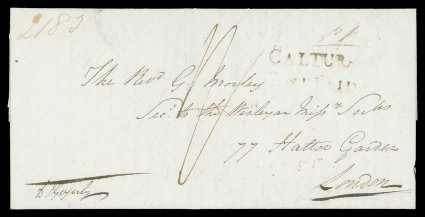 1828 (Aug.) entire to London, rated 1-, showing generally fine strike of straight-line caltura (Proud Type PS 1) and poor to fair post paid handstamps with, on reverse, framed
india lettermargate and red arrival c.d.s.