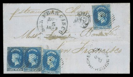 1857 (31 Aug.) entire (addressees name excised and replaced) from Colombo to San Francisco, marked p steamer via China, bearing 1d. blue (4, all cut-into on one side) tied by
neat oval of bars, showing british-packetpaidpostage cir