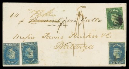 1859 (4 Jan.) entire from Galle to Batavia, marked p Lormont (deleted) Perkin via Galle, bearing 1d. deep turquoise-blue (3, one cut-into on two sides) and 2d. deep green with
re-entry, all lightly cancelled by oval of bars, showing