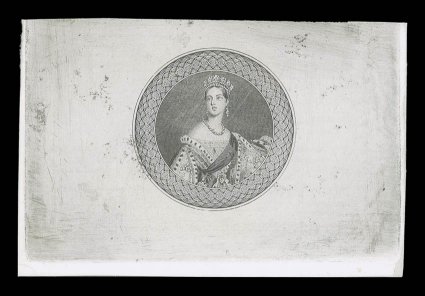 The original essay prepared by Perkins, Bacon & Co., showing Chalon half-length portrait engraved by William Humphrys with engine-turned background and ornamental circular
surround, State 2 with circular frame-line dividing the portrait from the