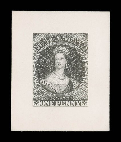 1d. essay in the form of a die proof, an early state showing uncleared postage and new zealand (the z double, one engraved in reverse), stamp-size in black on India paper and
inset on card (34x42mm.) showing an albino impr