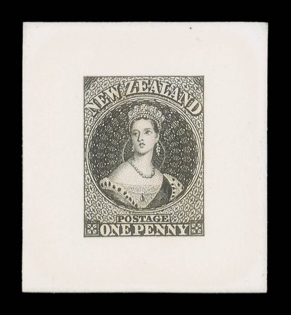 1d., stamp-size in black on India paper, affixed to card (39x43mm.). Extremely rare. Holcombe Certificate (1988). provenance: Christies Robson Lowe, October
1989