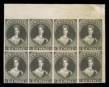 6d. original plate proof in black on medium thick, wove, unwatermarked paper, an upper right corner block of eight (4x2) trivial creasing in margins and just across corner of
one stamp.