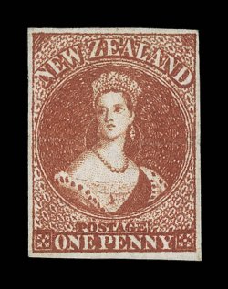 1d. dull carmine on white paper, unused without gum, good to very large margins, fresh deep bright color horizontal crease and with tiny marginal nick. A most attractive
example of this rare stamp. B.P.A. Certificate (1994). Sc. 1 S.G. 1, £70,0
