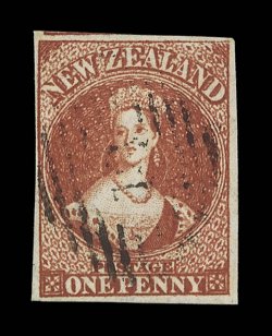 1d. dull carmine on white paper, lovely rich color and crisp impression, large to very large margins all round and showing portion of adjoining frame-line at top, neat
partially light cancellation highly attractive and very fine. R.P.S. Certific