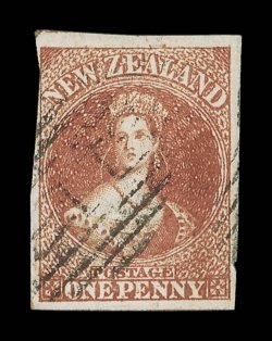 1d. dull carmine on white paper, Row 18 [6] showing re-entry above top frame-line and in value tablet, light bright color and with large to very large margins nearly all
round, neatly cancelled 1 at Auckland. R.P.S. Certificate (1959). Sc. 1 S