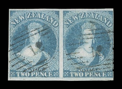 2d. dull blue on blued paper, a horizontal pair with clear to large margins, each lightly cancelled 12 at Wanganui the right-hand stamp with trace of a corner crease not
affecting very fine appearance. Sc. 2 S.G. 2.