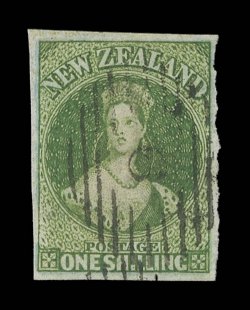 1- pale yellow-green on blued paper, fresh bright color and large degree of blueing in the paper which particularly apparent in the left margin, good to very large margins and
neatly cancelled 9 at New Plymouth very fine. B.P.A. Certificate (
