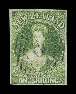 1- pale yellow-green on blued paper, light bright color, good to large margins, neatly and exceptionally rarely cancelled 2 at Russell very fine and most attractive. B.P.A.
Certificate (1992). Sc. 3 S.G. 3, £5,500. provenance: C.W. M