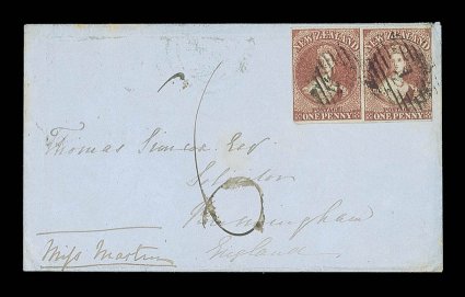 1855 (13 Aug.) envelope from Auckland to Birmingham, bearing 1d. dull carmine horizontal pair on white paper with good to large margins mostly all round and each cancelled 1,
showing manuscript d6 and , on reverse, Auckland, Australian Li