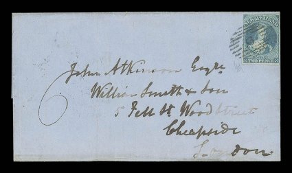 1856 (14 Jan.) entire from New Plymouth to London, bearing 2d. dull blue on blued paper with good to large margins and cancelled with a superb strike of the 9 obliterator,
showing manuscript 6 and, on reverse, fine New Plymouth and Austra