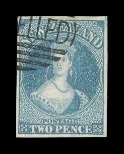 2d. dull blue on blued paper, position 6 in the vertical block of six. Superb. S.G. Cat. £29,000.  provenance: J. Currie, March 1966