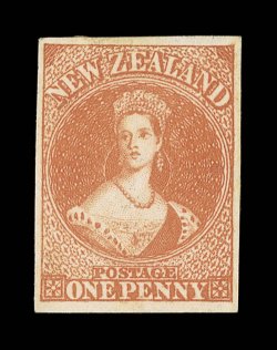 1d. orange, [5], unused with large part original gum, good to large margins gum crease towards foot though of very fine appearance. B.P.A. Certificate (1990). Unlisted in
Scott. S.G. 3b, £32,000. provenance: E.W. and W.W. Mann H. Gordon