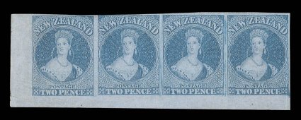 2d. blue, a lower left corner horizontal strip of four, Row 201-4, large part original gum and fresh color, just clear to enormous margins some creasing in places, barely
affecting the superb appearance of this very rare and outstanding multipl