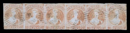 1d. red, a horizontal strip of six, clear to large margins quite a way round and showing traces of three adjoining stamps at top, each stamp cancelled 18 at Otago vertical
creases in places, one at center which has caused some paper separation