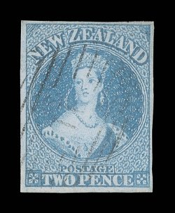 2d. blue showing Two Pearls variety on neck, good to large margins and neatly cancelled 11 at Port Ahuriri leaving the variety clearly visible. A most attractive example of
this scarce stamp. B.P.A. Certificates (1991 and 2007). Sc. 4 var. S
