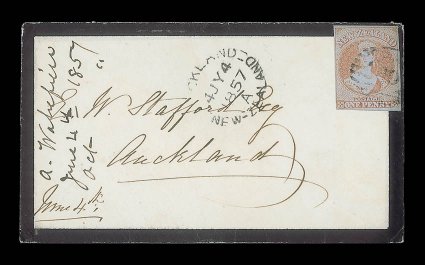 1857 (15 June) mourning envelope ex the Stafford correspondence from Wellington to Auckland, bearing 1d. red with just clear to large margins and clearly cancelled 10, fine
Auckland arrival c.d.s. for 4 July alongside, light despatch c.d.s.