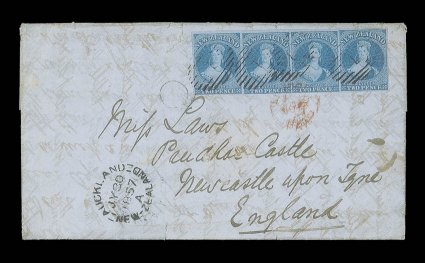 1857 (30 July) entire letter from Auckland to Newcastle-Upon-Tyne, bearing 2d. blue horizontal strip of four with clear to large margins nearly all round, each lightly
cancelled 1 and with the strip additionally tied by London Paid c.d.s. (9.11