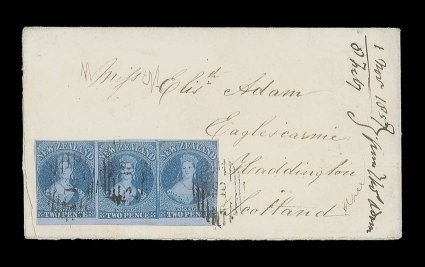 2d. blue horizontal strip of three from the 15th. horizontal row of the sheet with wide overlap margin at foot, touched or with clear to good margins elsewhere, thrice clearly
cancelled 18 and tied on 1857 (2 Nov.) envelope from Otago to Hadd