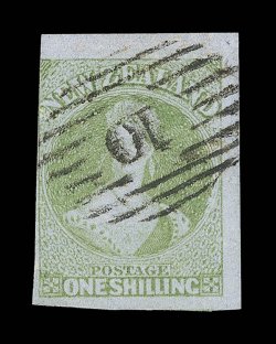 1- green, huge margins on three sides showing wide overlap margin at top, clearly cancelled with superb 10 at Wellington the stamp with trace of a horizontal crease though of
wonderful appearance.