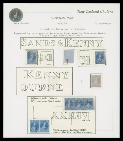 1d. red (pale) with portions of the two lines of watermark, 2d. blue strip of three, pair and three singles showing various portions of sands & kenny, mostly with margins all
round and the 2d. pair superb. Cat. £4,200+. provenance: