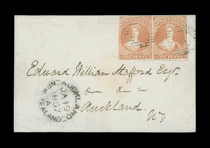 1d. dull orange horizontal pair with clear to large margins mainly all round and various pre-printing paper creases, each cancelled 18 on 1857 cover front to William Stafford
in Auckland and with arrival c.d.s. for 19 January 1857 at lower left