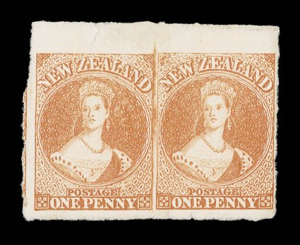 1d. dull orange on soft paper, a marginal pair from the top of the sheet, unused without gum, fresh bright color, 5mm. sheet margin at top and roughly separated on the other
three sides with clear to enormous margins and showing portion of adjoin
