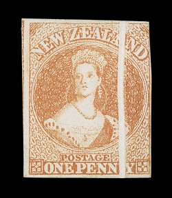 1d. dull orange on hard paper showing pronounced vertical paper crease towards right, fresh unused without gum, clear to very large margins nearly all round and showing trace
of adjoining stamp at left. An attractive and appealing example. Sc. 7