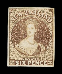 6d. brown on hard paper, unused without gum, warm rich color, large regular margins  tiny natural paper inclusion at upper right side. A handsome example. Holcombe (1988) and
B.P.A. (1991) Certificates. Sc. 9 S.G. 13, £2,000. provenance: