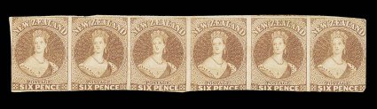 6d. pale brown on soft paper, a horizontal strip of six, unused without gum, clear to large margins at left and at top where there is a trace of the adjoining stamp above the
fifth stamp one stamp with a vertical crease, and a couple of other sm
