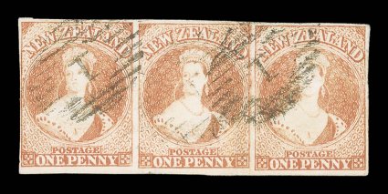 1d. dull orange on soft paper, a horizontal strip of three with clear to large margins, good color and twice cancelled 1 at Auckland a couple of small imperfections, otherwise
sound. A very rare used multiple of this scarce stamp. Sc. 7 S.G.