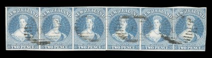 2d. ultramarine on soft paper, a horizontal strip of six with clear to large margins practically all round, cancelled 10 at Wellington a few negligible stain spots and fourth
stamp with small scissor-cut at foot. A rare and spectacular multipl