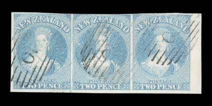 2d. pale blue, a marginal strip of three from the right of the sheet, 3mm. sheet margin at right and with clear to very large margins elsewhere, each neatly cancelled 10 at
Wellington one with tiny surface blemish, otherwise fine and attractiv