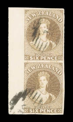 6d. bistre-brown on soft paper, an outstanding vertical marginal pair from the left of the sheet, 8mm. sheet margin at left and with large margins on the other three sides,
each cancelled 18 at Otago with the lower stamp cancelled towards foot