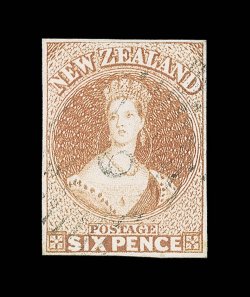 6d. chestnut on hard paper, good regular margins, neatly and lightly cancelled 6 at New Plymouth . A fine example of this rare shade. Holcombe Certificate (1992). Sc. 9f S.G.
15, £550.