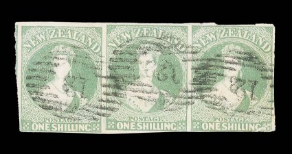 1- dull emerald-green on soft paper, a reconstructed horizontal strip of five comprising a strip of three and a pair, both incredibly retaining close to very large margins all
round and with the strip showing portion of adjoining stamp at left,