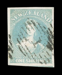 1- blue-green on soft paper, a pale delicate shade with very large margins all round showing trace of adjoining stamp at foot, neatly cancelled 1 at Auckland. An extremely
fine example of this rare stamp. Sc. 10 S.G. 17, £1,700.