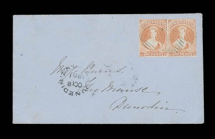 1861 (16 Oct.) envelope from Bluff Harbour (later Campbelltown) to Dunedin, bearing 1d. dull orange horizontal pair with just clear to large margins all round, twice very
lightly cancelled 5 with numeral virtually failing to print, dunedin