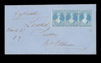1859 (9 Apr.) entire from Ahuriri to Lewes, bearing 2d. pale blue horizontal strip of three with large margins on three sides and clear margin at right, twice neatly cancelled
with fine clear strikes of the 11 obliterator and showing, on revers