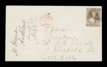 1859 (25 Aug.) envelope, complete with contents, from Auckland to a member of the Colonial Missionary Society in London, bearing 6d. bistre-brown with clear to large margins
and neatly cancelled with a superb crisp strike of the 1 obliterator,