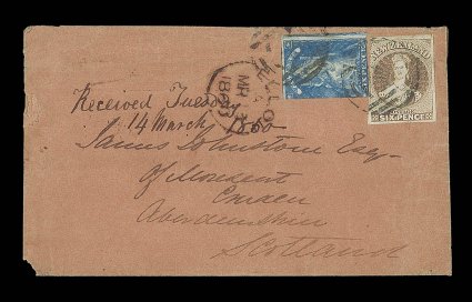 1860 (6 Jan.) brown envelope, apparently from Melbourne, to Ellon, Scotland, bearing 6d. brown, with margins mainly all round, in combination with Victoria Queen on Throne
rouletted 6d. blue, both clearly cancelled with Barred Oval 1 at Melbour