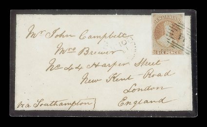 1861 (8 June) mourning envelope from Picton via Southampton to London, bearing 6d. chestnut with good to large margins and clearly cancelled 14, light Nelson transit c.d.s.
(10.6) adjacent to the adhesive, the reverse with despatch and ar