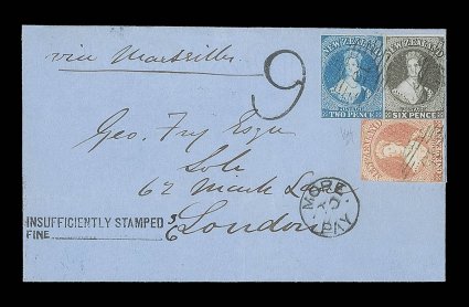 1862 (9 Oct.) entire from Nelson via Marseilles to London, bearing 1d. dull orange, margins in places, in combination with 1862 2d. blue early impression and 6d. black-brown,
both with four margins and slightly overlapping one another, each