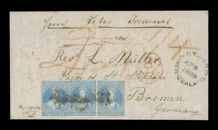 1859 (Apr.) entire, written in German, from Ruapuke Island, via Bluff Harbor and Otago to Bremen, bearing 2d. blue strip of three with large to very large margins and
cancelled with indistinct obliterators, rated 6 and with other rate marking