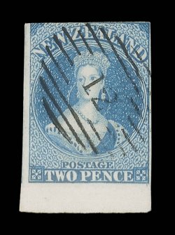 2d. blue on soft paper, from the foot of the sheet showing sharp overlap impression in the margin, clear to large margins nearly all round elsewhere, crisply cancelled with
superb 12 most attractive. Sc. 8 S.G. 10.  provenance: Chalo